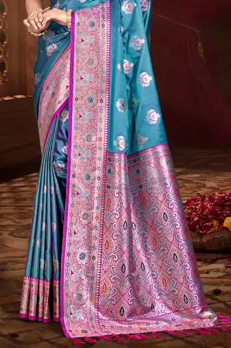 rama blue silk blend woven work traditional saree