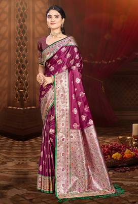 magenta wine silk blend woven work traditional saree 1