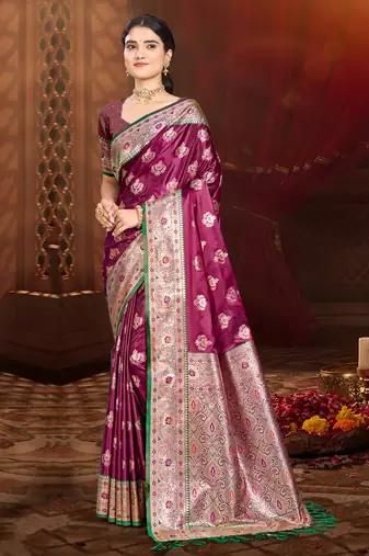 magenta wine silk blend woven work traditional saree