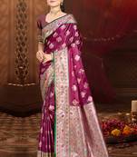 magenta wine silk blend woven work traditional saree