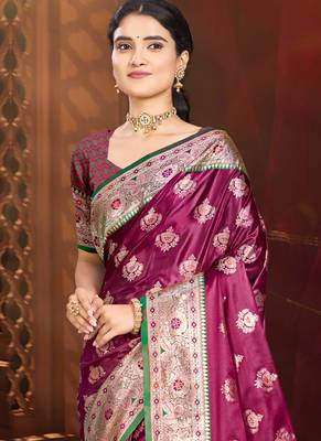 magenta wine silk blend woven work traditional saree 2