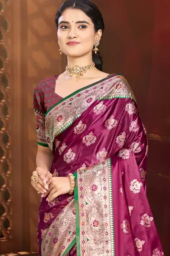 magenta wine silk blend woven work traditional saree