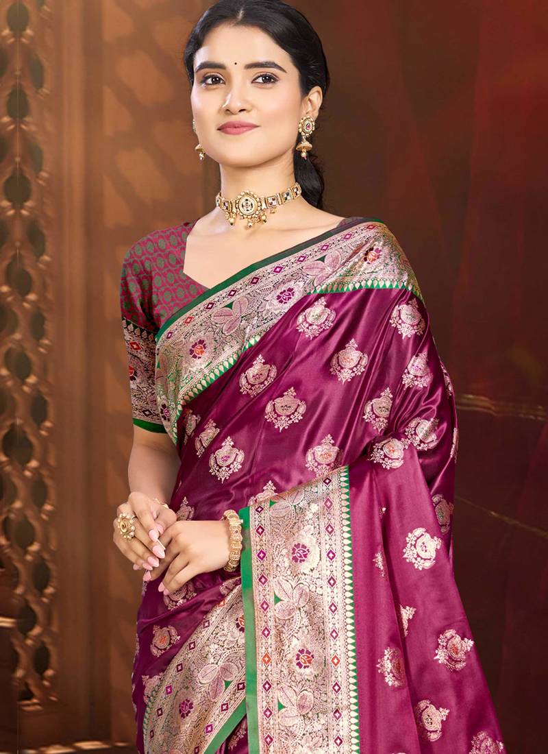 magenta wine silk blend woven work traditional saree