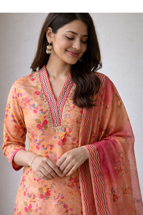 Peach Color Beautiful handwork Zarna Silk Kurti Pent Set. 2
