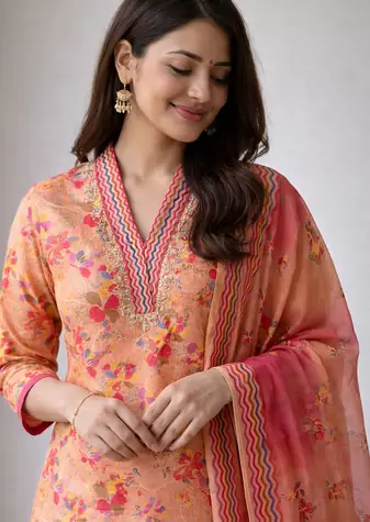 Peach Color Beautiful handwork Zarna Silk Kurti Pent Set.