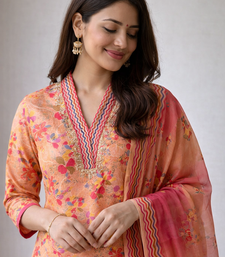 Peach Color Beautiful handwork Zarna Silk Kurti pant Set.