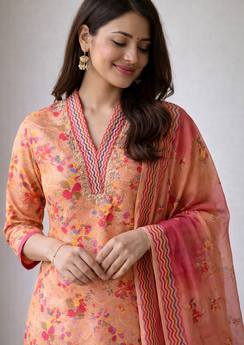 Peach Color Beautiful handwork Zarna Silk Kurti pant Set.