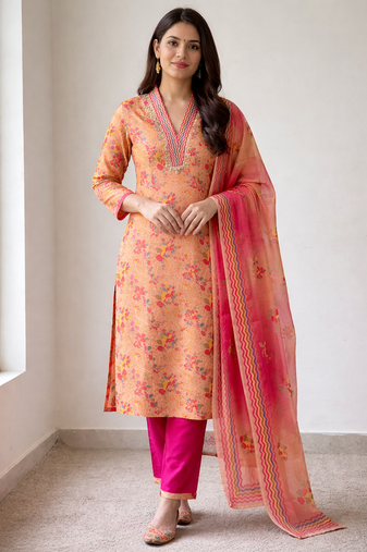 Peach Color Beautiful handwork Zarna Silk Kurti pant Set.