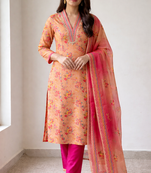 Peach Color Beautiful handwork Zarna Silk Kurti pant Set.