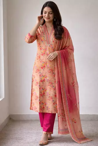 Peach Color Beautiful handwork Zarna Silk Kurti Pent Set.