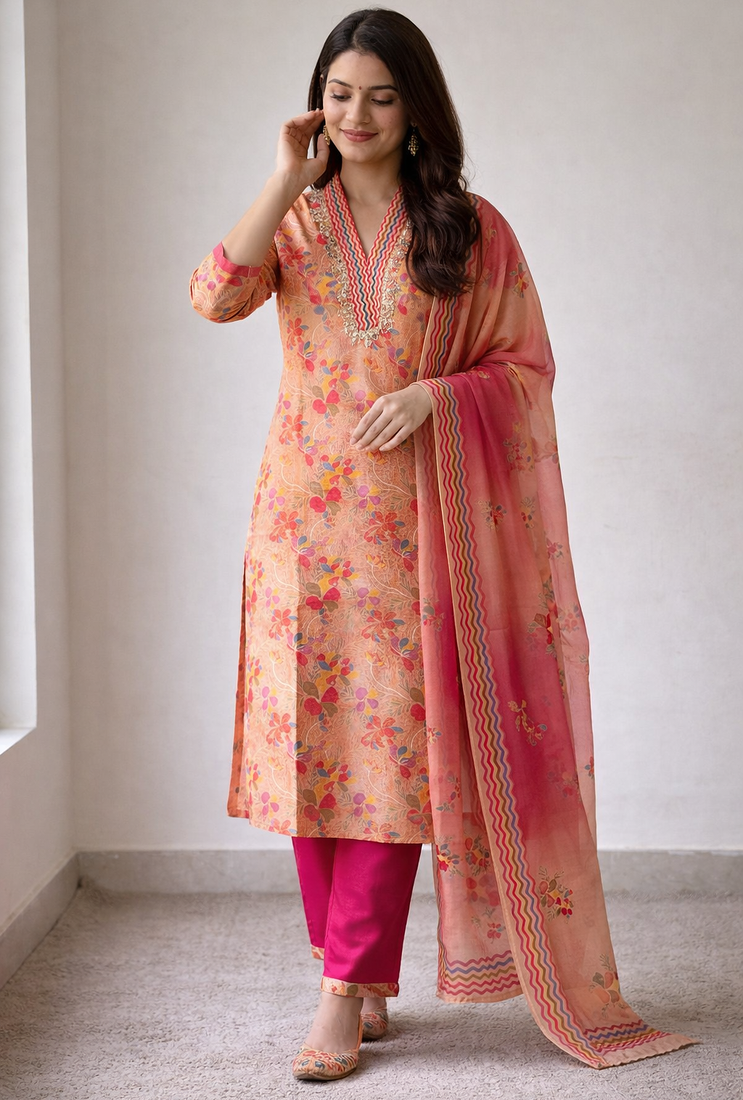 Peach Color Beautiful handwork Zarna Silk Kurti pant Set.