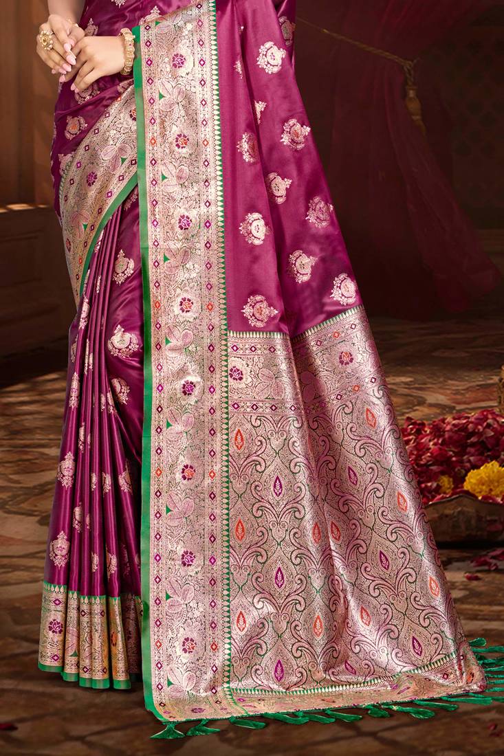 magenta wine silk blend woven work traditional saree