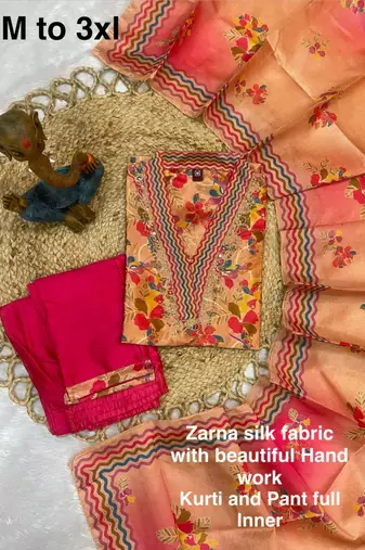 Peach Color Beautiful handwork Zarna Silk Kurti Pent Set.