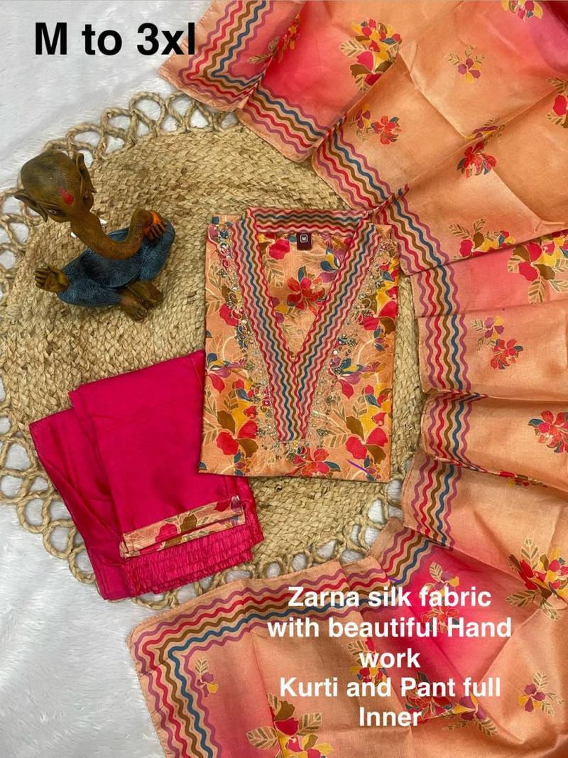 Peach Color Beautiful handwork Zarna Silk Kurti pant Set.