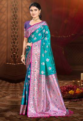 mehendi teal silk blend woven work traditional saree 1