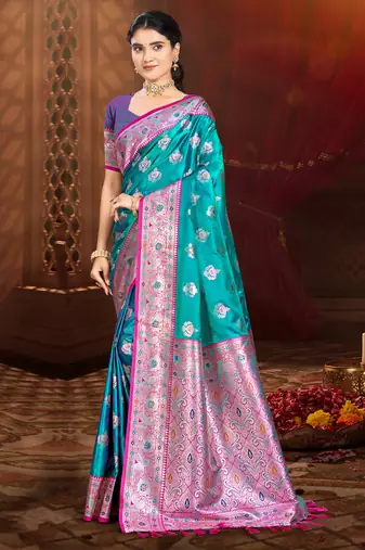 mehendi teal silk blend woven work traditional saree