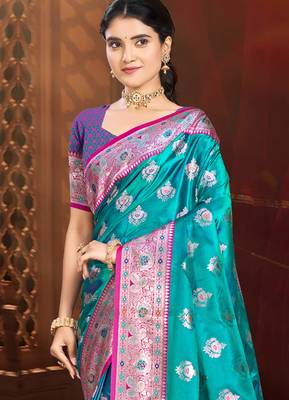 mehendi teal silk blend woven work traditional saree 2