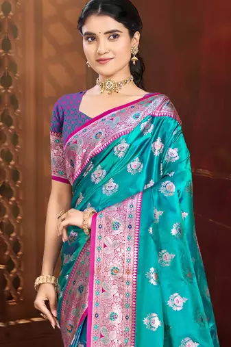 mehendi teal silk blend woven work traditional saree