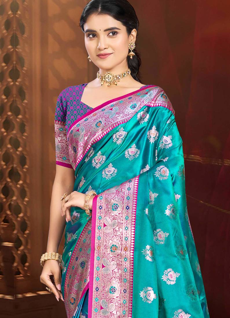 mehendi teal silk blend woven work traditional saree