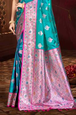 mehendi teal silk blend woven work traditional saree 3