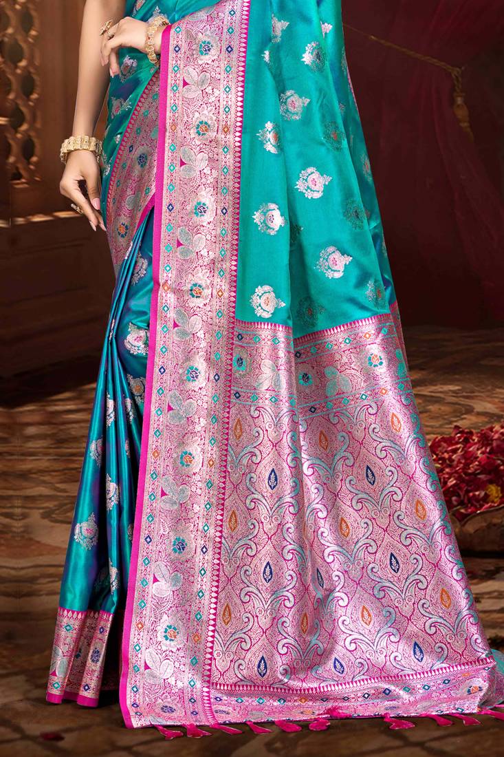 mehendi teal silk blend woven work traditional saree
