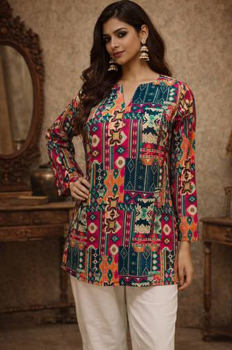 Trending floral digital print muslin silk tunic / stylish short kurti for grilish