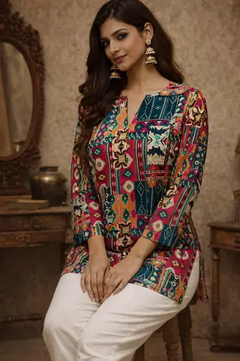  floral digital print muslin silk tunic / stylish short kurti for grilish