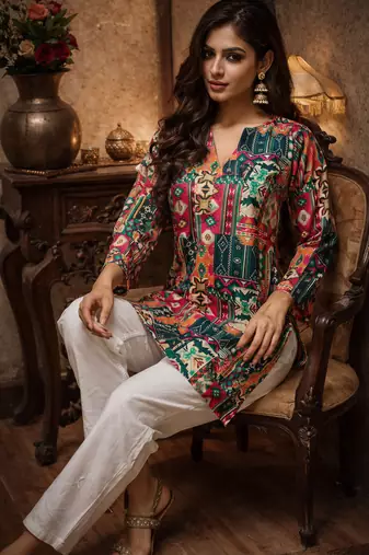  floral digital print muslin silk tunic / stylish short kurti for grilish