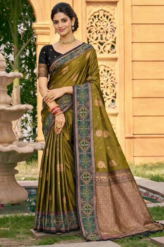 Sangam prints mehendi olive soft silk woven work traditional saree