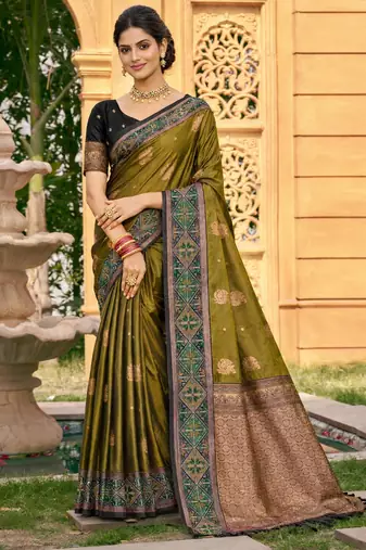 Sangam prints mehendi olive soft silk woven work traditional saree