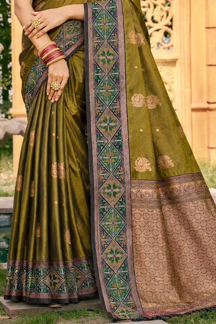 Sangam prints mehendi olive soft silk woven work traditional saree