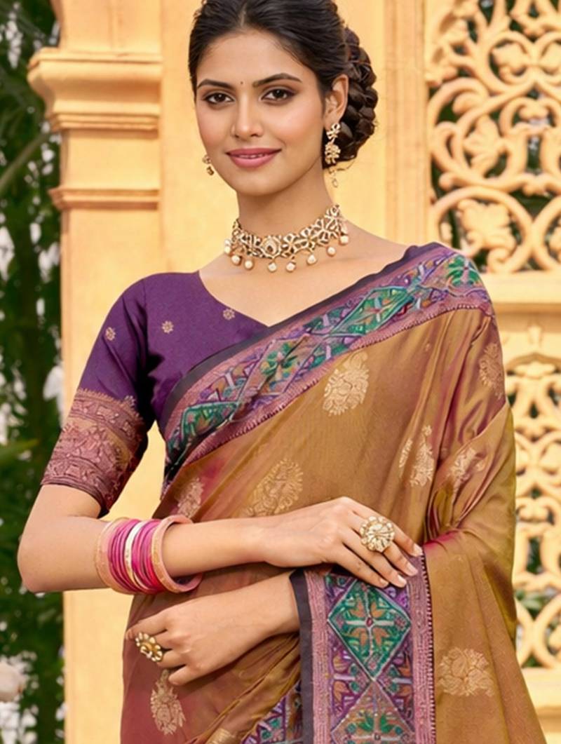 Sangam prints bronze brown soft silk woven work traditional saree