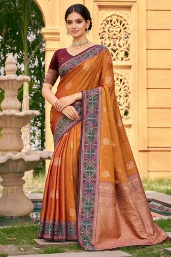 Sangam prints rust orange soft silk woven work traditional saree