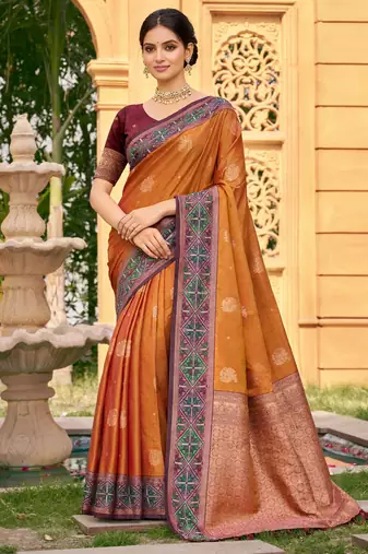 Sangam prints rust orange soft silk woven work traditional saree