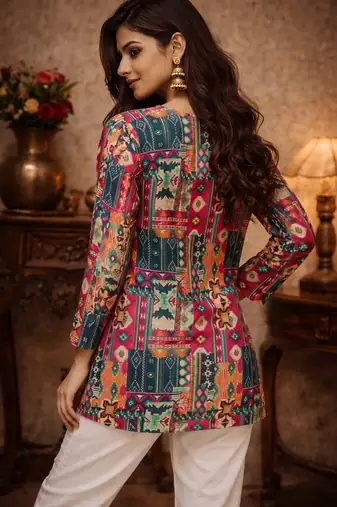  floral digital print muslin silk tunic / stylish short kurti for grilish