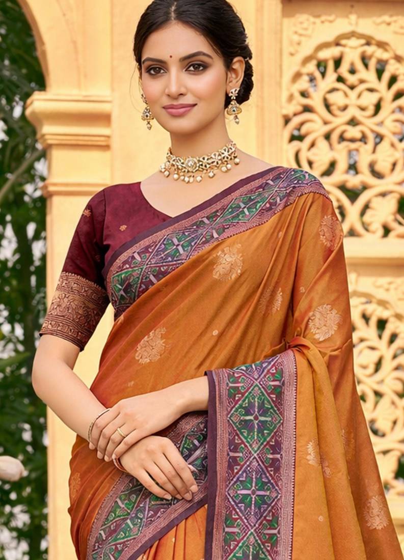 Sangam prints rust orange soft silk woven work traditional saree