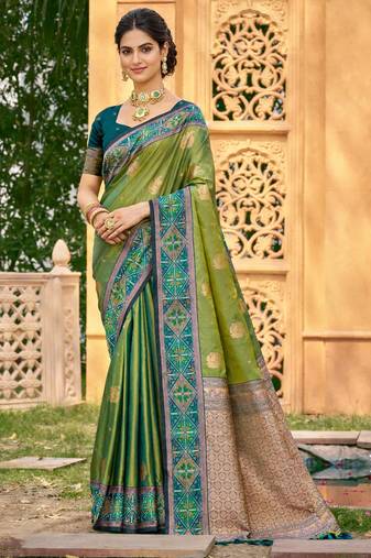Sangam prints leaf green soft silk woven work traditional saree