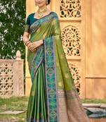 Sangam prints leaf green soft silk woven work traditional saree