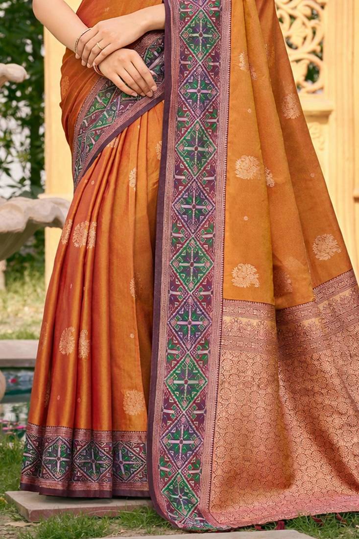 Sangam prints rust orange soft silk woven work traditional saree