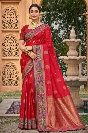 Sangam prints classic red soft silk woven work traditional saree