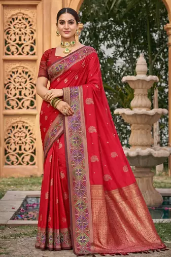 Sangam prints classic red soft silk woven work traditional saree
