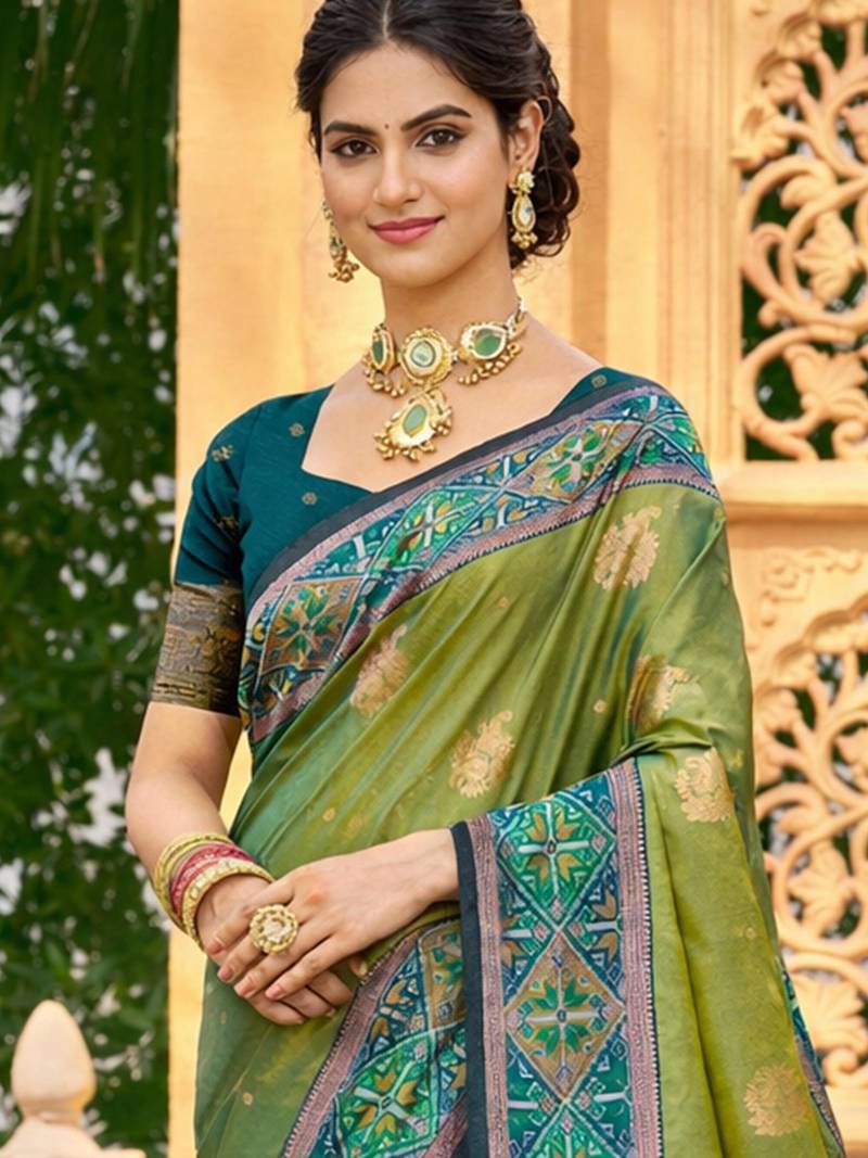 Sangam prints leaf green soft silk woven work traditional saree
