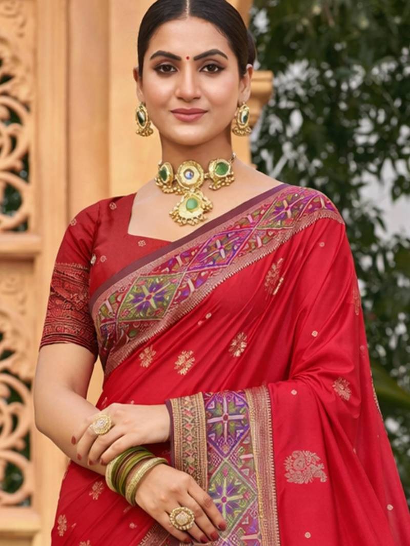 Sangam prints classic red soft silk woven work traditional saree