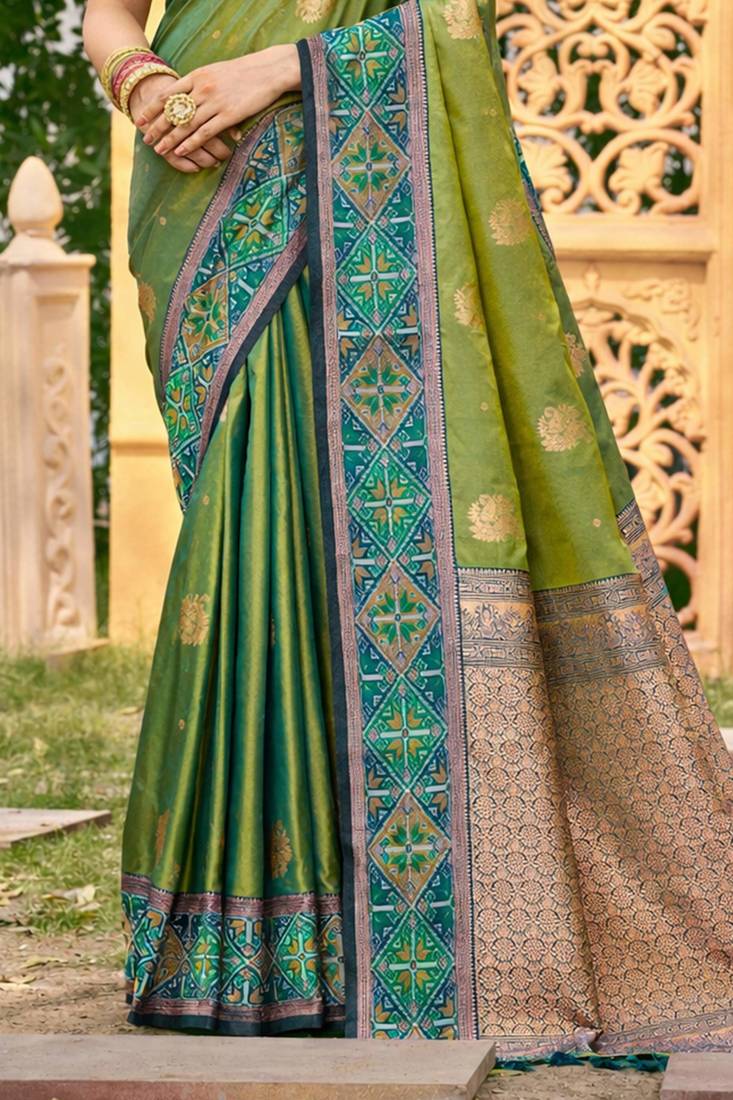 Sangam prints leaf green soft silk woven work traditional saree