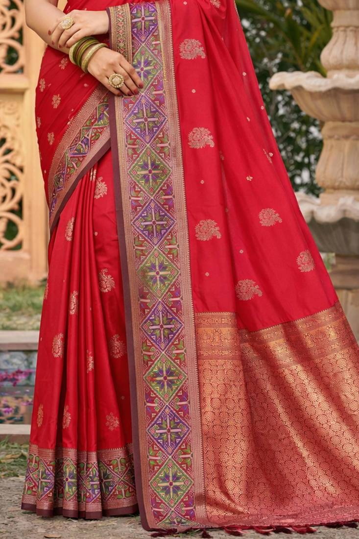 Sangam prints classic red soft silk woven work traditional saree