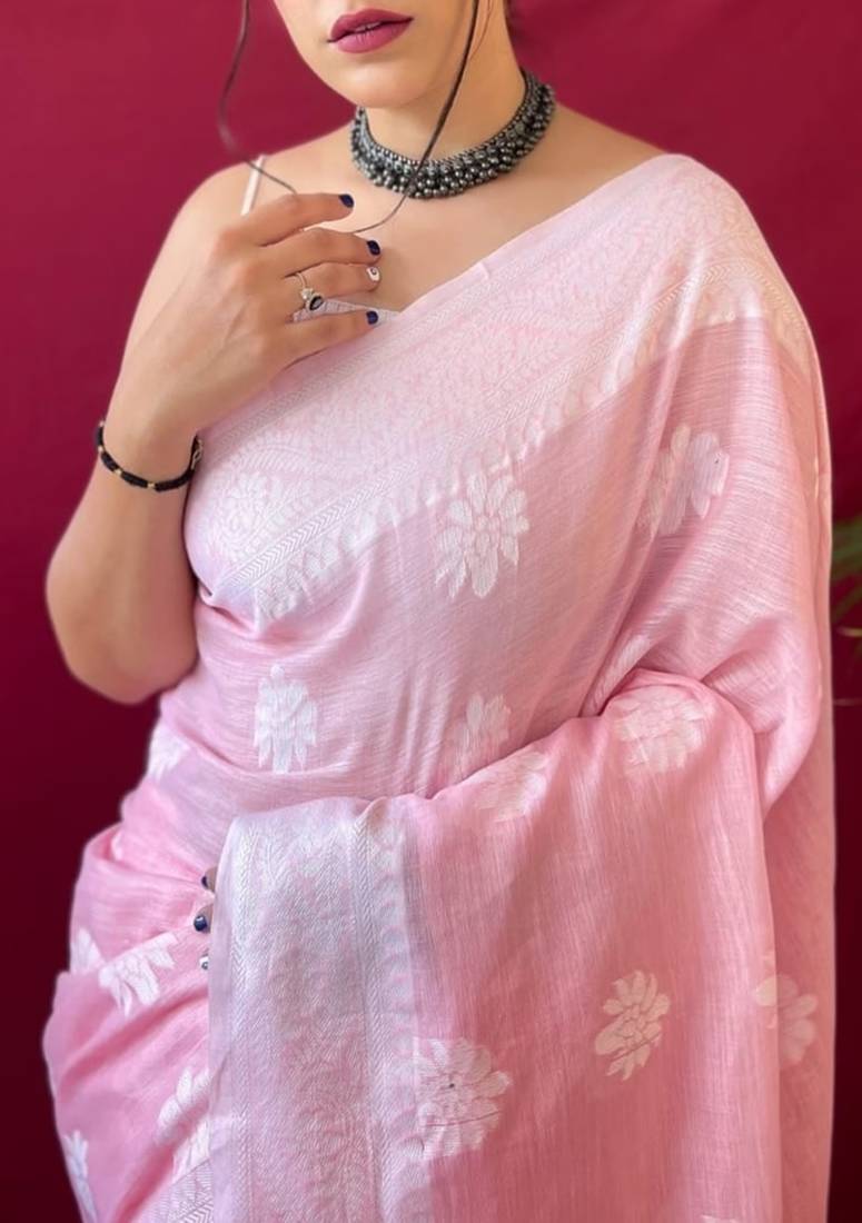 pink soft art silk banarasi saree with blouse 