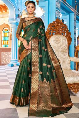 green silk blend banarasi saree with blouse  7