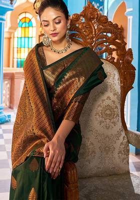 green silk blend banarasi saree with blouse  9