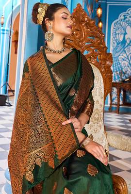 green silk blend banarasi saree with blouse  2