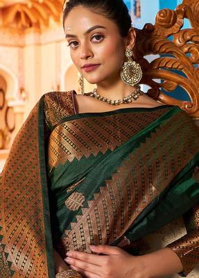 green silk blend banarasi saree with blouse  10
